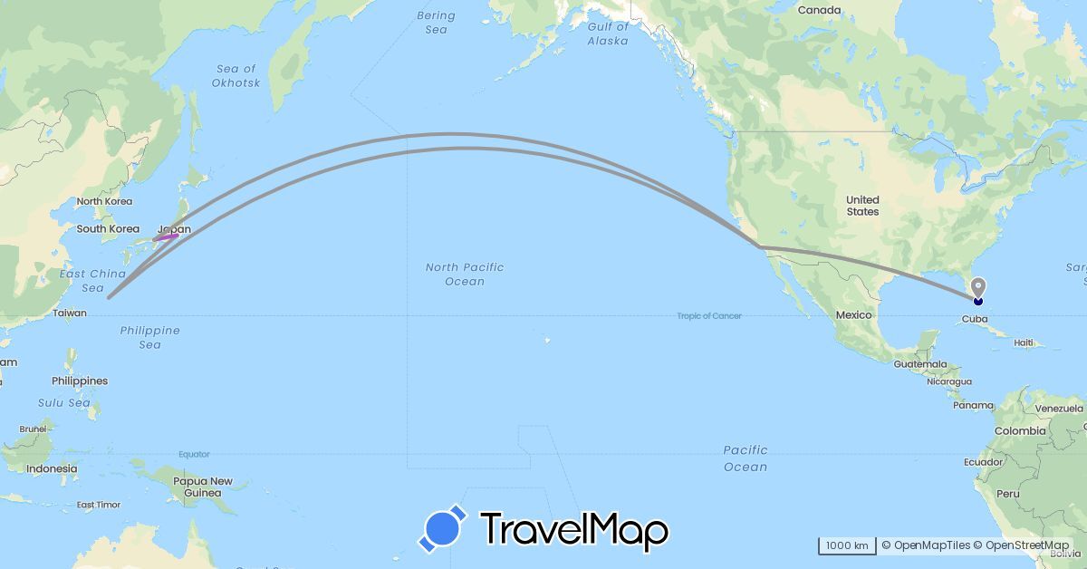 TravelMap itinerary: driving, plane, train in Japan, United States (Asia, North America)
